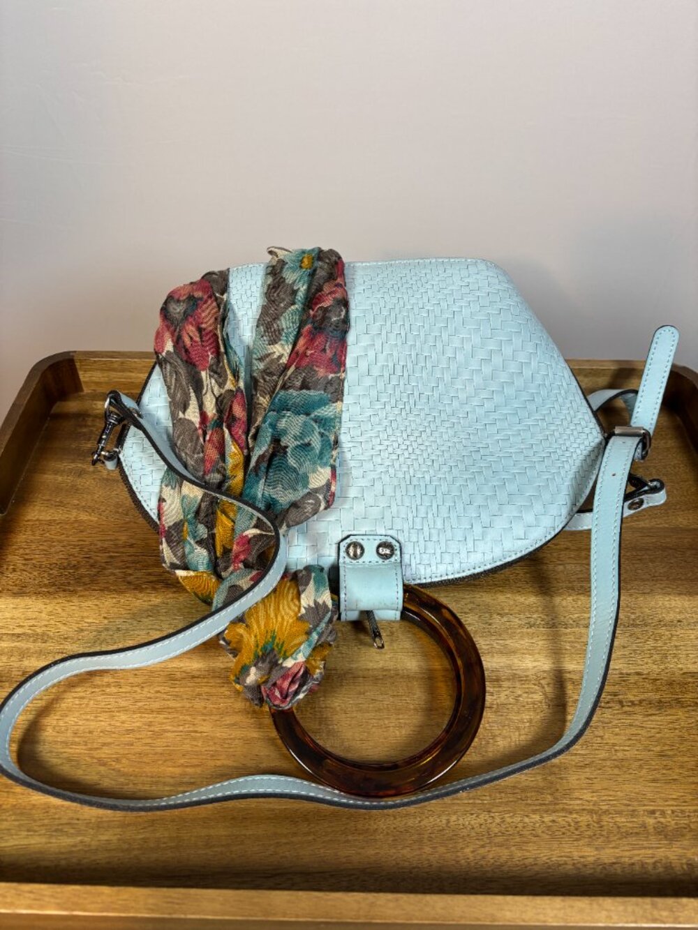 Patricia Nash Meldola Light Blue Leather Dome Satchel w/ Scarf - Picture 6 of 11